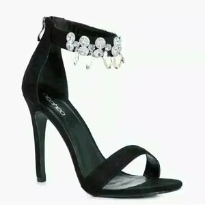 Boohoo Women's Lexi Embellished Ankle Band 2 Part Black Heels Sandals Sz 6 US